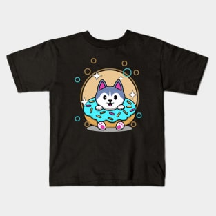Cute Husky Baby In The Donut Husky Lover Dog Lover Kids T-Shirt